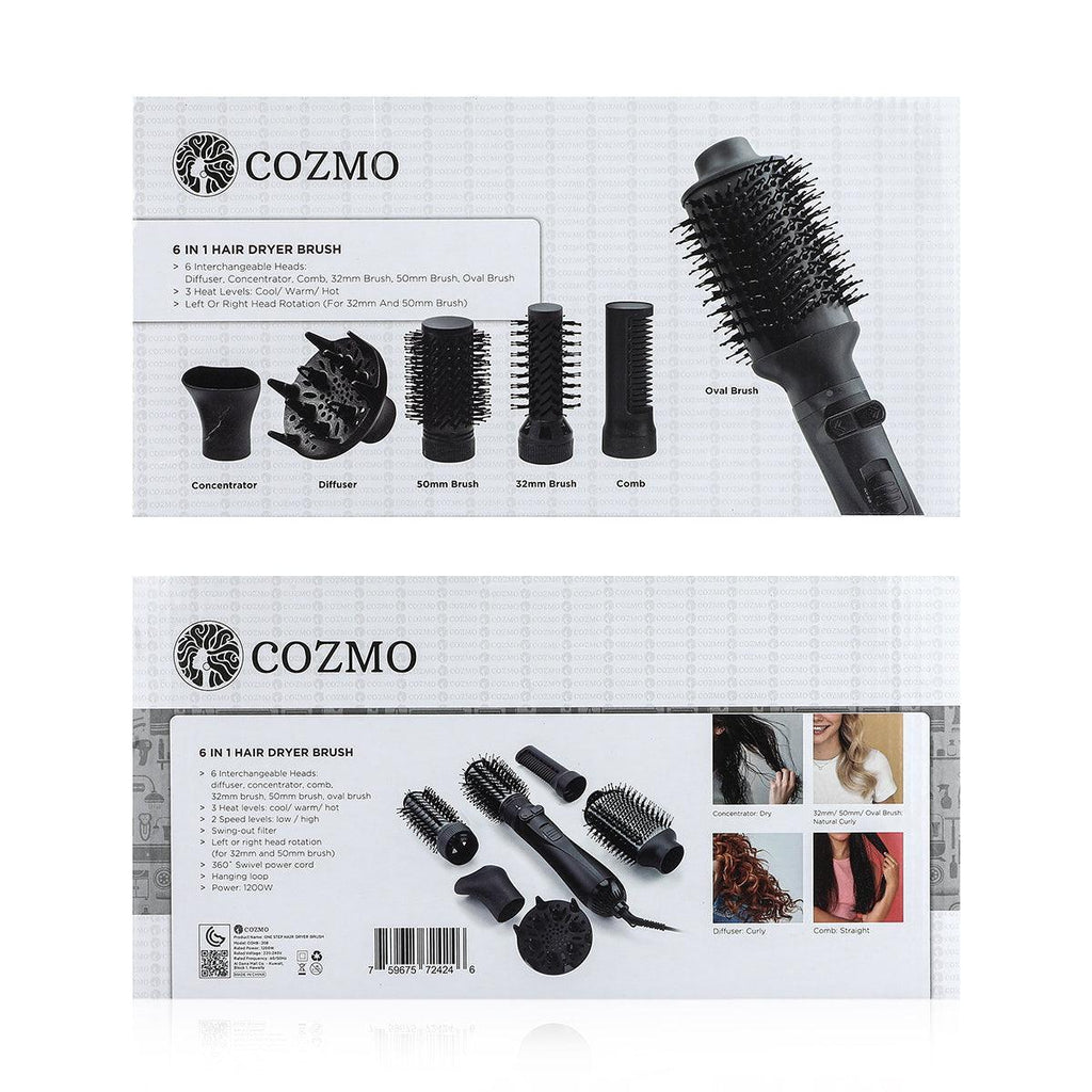 COZMO 6 IN 1 ROTATING HAIR STYLING BRUSH - FULL BLACK